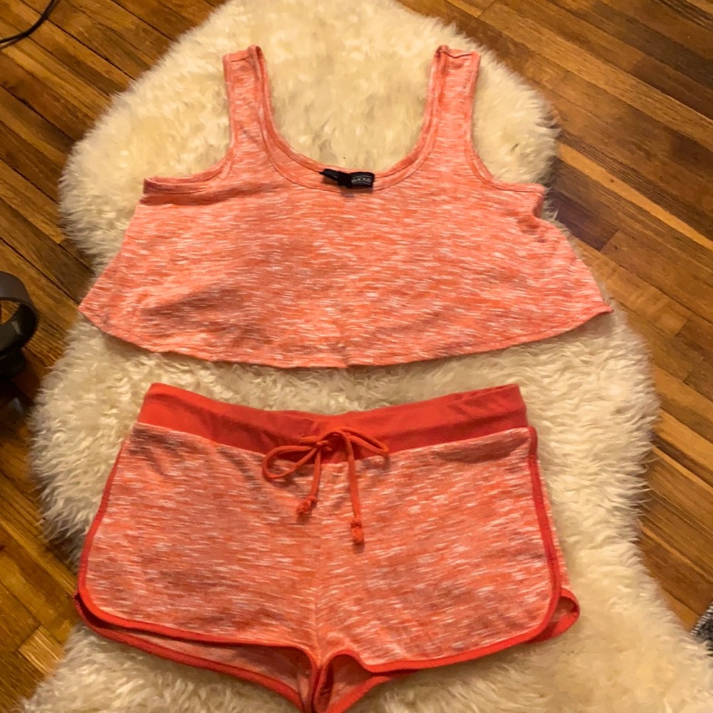 Almost Famous crop top and short set in coral